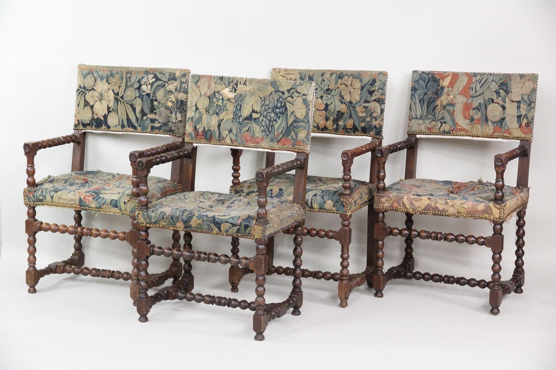 Set of 4 Bobbin Turned Wood & Tapestry Upholstered Chairs (1 of 16)