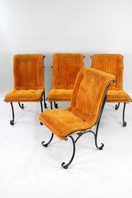 Set of 4 Russel Woodard Chairs, Orange Velvet and Wrought Iron