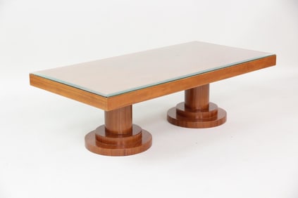 Art Deco Coffee Table with Turned Wood Column Base & Glass Top