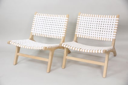 Pair of Wood & White Leather Strapped Chairs