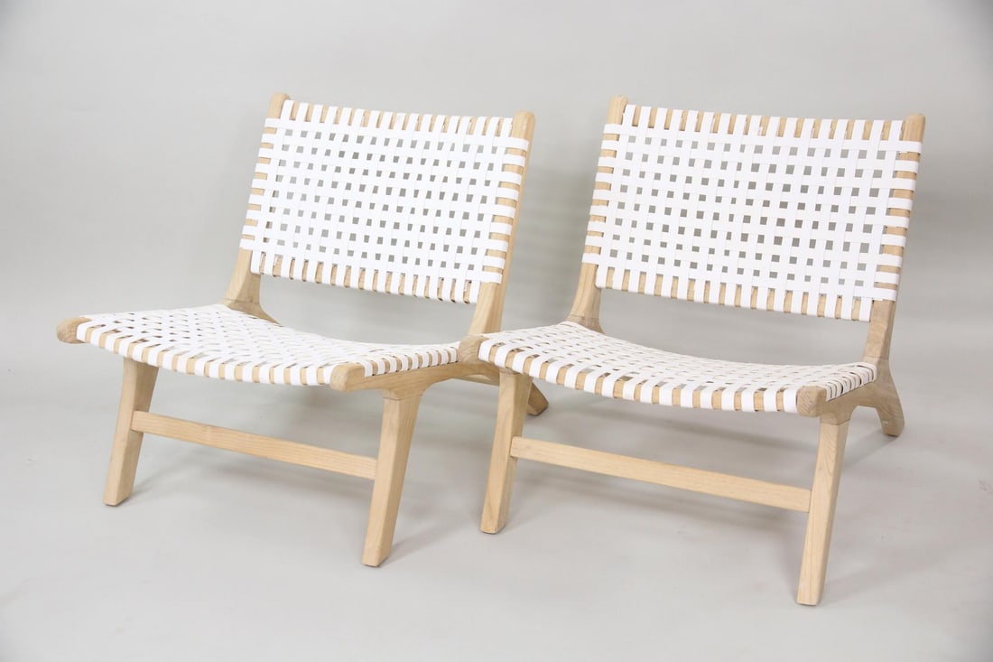 Pair of Wood & White Leather Strapped Chairs (1 of 14)
