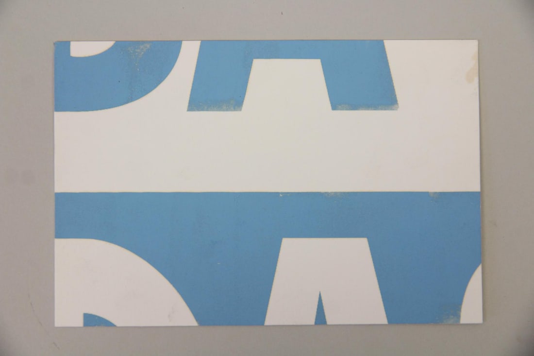 Michael Rollins Oil Painting, Postcards from the Edge, 2001: Michael Rollins Graphic "Detail Painting," 2001. An abstracted oil on paper work with large, cropped white & blue text. Signed and titled by the artist in pencil on the back side with collector's info