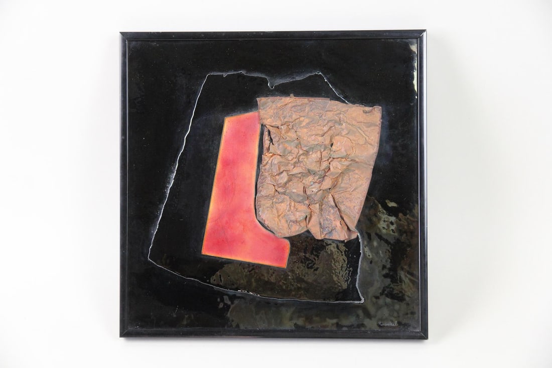 Abstract Mixed Media Painting by Tony Bernard Rosenthal, 1970's: Modern Enameled Metal Collage Painting by Tony Bernard Rosenthal. This sculptural work has a glossy black background with two primary shapes in contrasting crumpled & benameled metal. Floating in a bl
