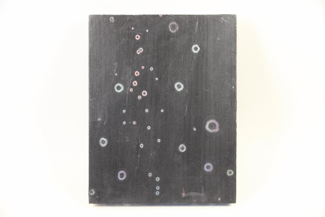 Abstract Black Acrylic Painting with Floating Rings: Abstract Acrylic Painting, Floating Rings. This painting features a black ground with a scattering of small circles and rings in pale tones. Inscription on the back with "Be My Valentine" text and cat