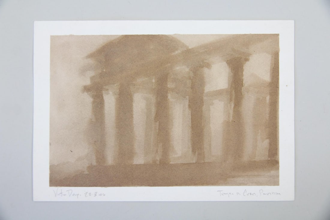 Atmospheric Watercolor Painting, Ancient Greek "Tempio di Ceres, Paestum": Signed Watercolor Neoclassical Painting, "Tempio di Ceres, Paestum." This artwork depicts an ancient Greek temple, painted in neutral brown washes on paper. Illegible signature and date, bottom left. 