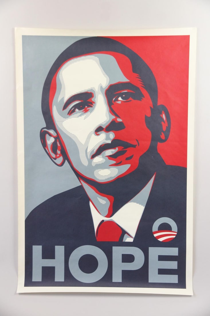 Barack Obama "Hope" Poster, Shepard Fairey: Barack Obama "Hope" Poster Print, Shepard Fairey. Iconic graphic image created by artist Shepard Fairey for the 2008 Presidential Election. Unframed. Note included from Paul Gunther to Mrs. Fairey. Di