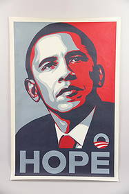 Barack Obama "Hope" Poster, Shepard Fairey: Barack Obama "Hope" Poster Print, Shepard Fairey. Iconic graphic image created by artist Shepard Fairey for the 2008 Presidential Election. Unframed. Note included from Paul Gunther to Mrs. Fairey. Di