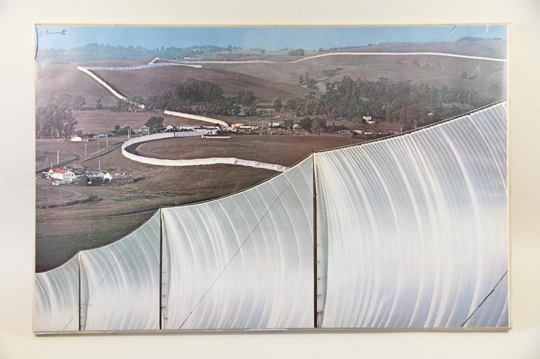 Signed Christo and Jeanne-Claude Print, "Running Fence": Christo and Jeanne-Claude Print, "Running Fence" Land Art. This ia a print of the installation art piece titled, "Running Fence (Sonoma and Marin Counties, California)," produced by Christo Javacheff