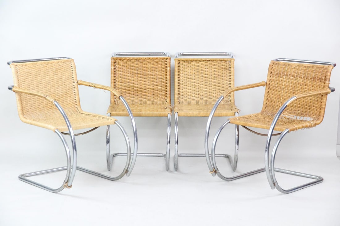 Set of 4 Rattan & Chrome Cantilever Chairs, Mies van der Rohe: Set of 4 Rattan & Chrome Cantilever Chairs, Mies van der Rohe. Includes 2 armchairs and 2 side chairs, made of chrome-plated tubular steel frame and handwoven natural cane. Earlier versions of this ch