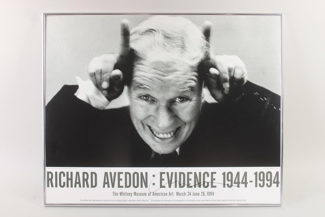 Signed Richard Avedon Whitney Museum Exhibition Poster, Charlie Chaplin: Signed Richard Avedon Whitney Museum Exhibition Poster, Charlie Chaplin. Poster for the Whitney Museum Evidence 1944-1994 Richard Avedon exhibit in 1994, featuring his B&W portrait of Charlie Chaplin