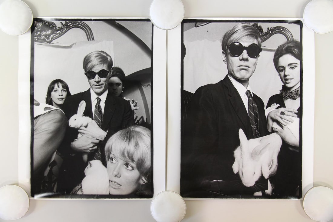 Pair of Original Photographs of Andy Warhol by Jean-Jacques Bugat: Pair of B&W Photographs of Andy Warhol by Jean-Jacques Bugat. Two black and white photos taken by Jean-Jacques Bugat, featuring artist Andy Warhol with actress Catherine Deneuve and socialite Edie Sed
