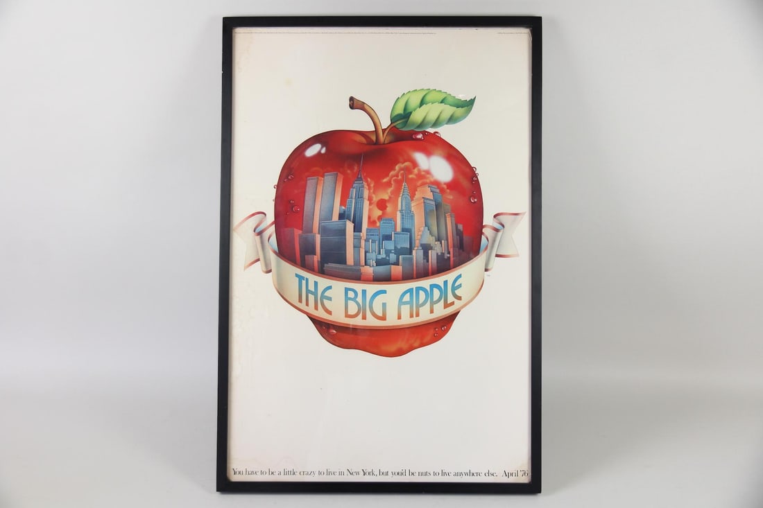 The Big Apple New York City Poster, April 1976: The Big Apple New York City Lithograph Poster, April 1976. This poster features an illustration of an apple with the New York City skyline reflected within it, and a banner across the apple reads "The