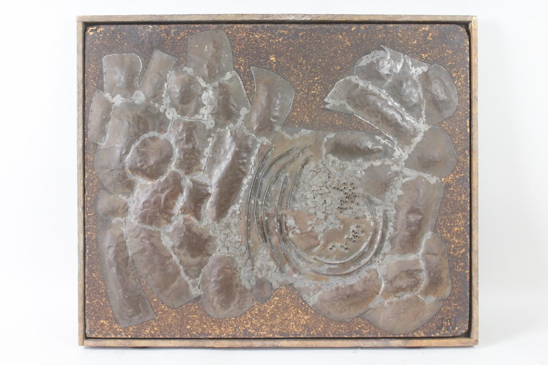 Brutalist Metal & Wood Wall Sculpture, J. Nelson 1962: Brutalist Mid-Century Modern Metal & Wood Wall Sculpture, J. Nelson 1962. Abstract artwork with metal pieces mounted to painted particle board. Initialed by the artist JN lower right, and signed Nelso
