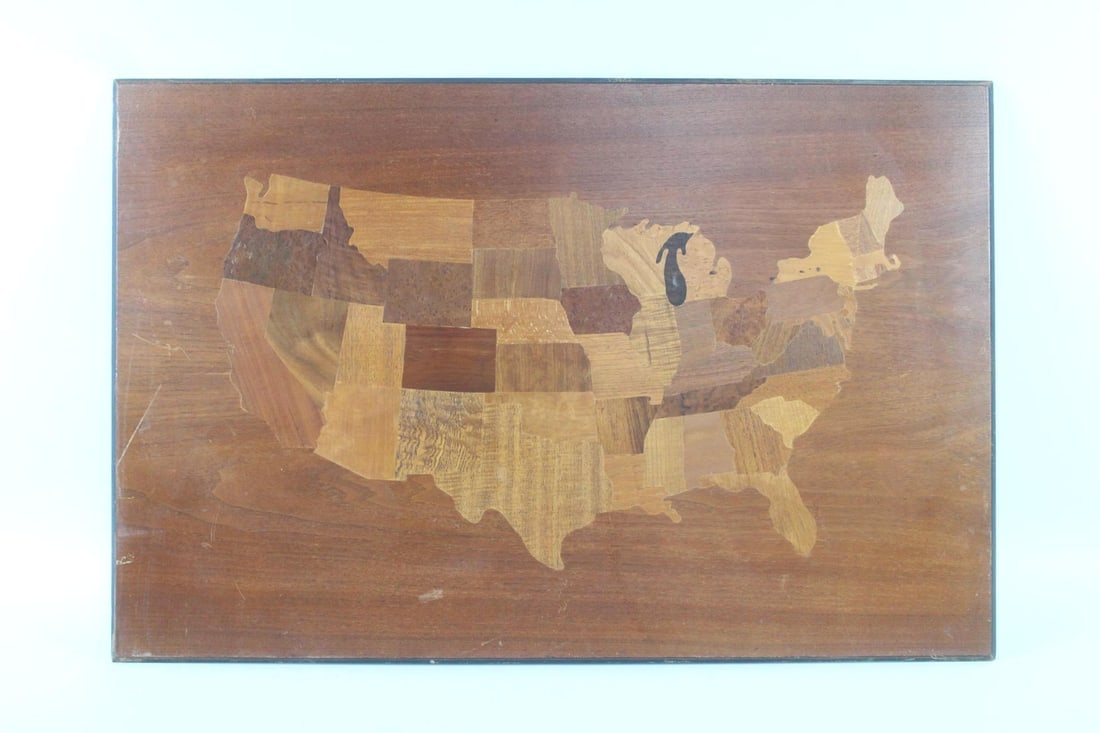 Inlaid Wood Map of United States USA, Birds Eye Veneer Co: Inlaid Wood Map of the USA, Birds Eye Veneer Co. Incredible wall hanging marquetry map of the United States has each state marked with a different type of wood veneer (with key on the back.) Marked Bi