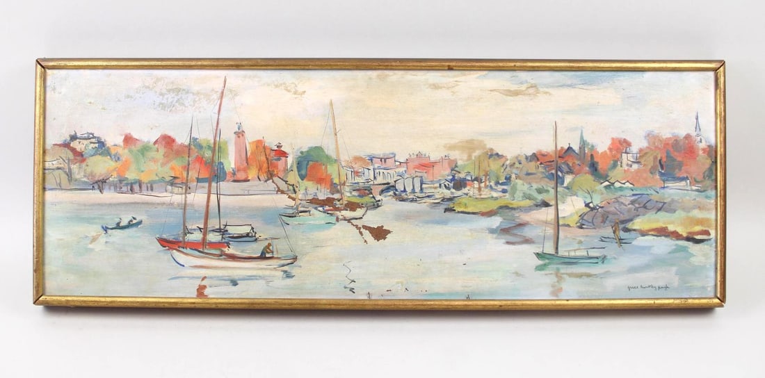 Grace Huntley Pugh Rockport Harbor Painting: Grace Huntley Pugh Impressionistic Rockport Harbor Painting. Painting on masonite board depicting a busy harbor with sailboats, and buildings along the coast. Likely Rockport MA where she was a summer