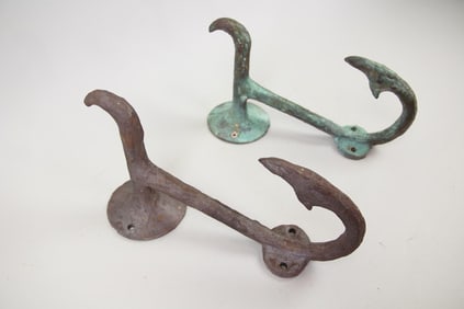 Pair of Large Brutalist Bronzed Verdigris Metal Hooks