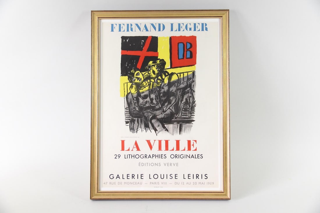 Fernand Leger La Ville Paris Exhibition Poster 1959: Fernand Leger La Ville Paris Exhibition Poster 1959. Lithographic poster advertising Leger's La Ville exhibition at the Galerie Louise Leiris in Paris in 1959. In a gold wood frame and printed by Mour