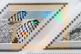 Expressionist Painting, Still Life Interior, James Kerr: Abstract Painting, Still Life Interior, James Kerr. A colorful, expressionistic painting depicting a table set with a pink patterned tablecloth, two black chairs, a bowl of fruit, a green bowl, and a