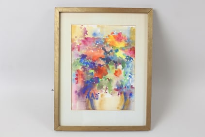 Expressionist Watercolor Painting, Vase & Flowers