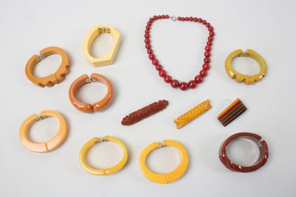 Collection of 12 Bakelite Costume Jewelry; Bangles & Pins