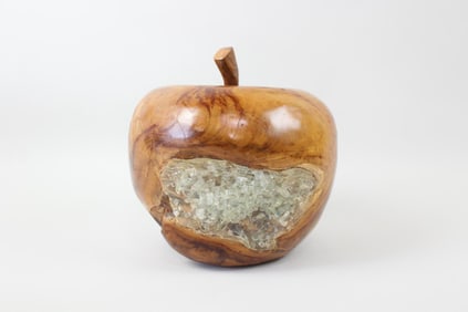 Carved Burl Sculpture, Apple with Plastic Crystal