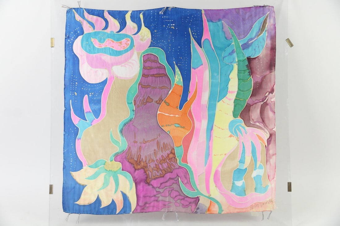 Framed Jean Boxer-Hammer Abstract Silk Scarf: Framed Jean Boxer-Hammer Abstract Silk Scarf. Colorful silk scarf painted in organic abstract shapes, framed in plexiglass. Signed lower right by the Woodstock, New York artist Jean Boxer-Hammer (1927