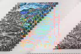 Sally Brody Expressionist Painting "Catskill Hills" 1978: Sally Brody Expressionist Painting "Catskill Hills" 1978. Vibrant landscape painting on stretched canvas with lots of color and movement. Signed, titled Catskill Hills and dated 1978 on the back by th