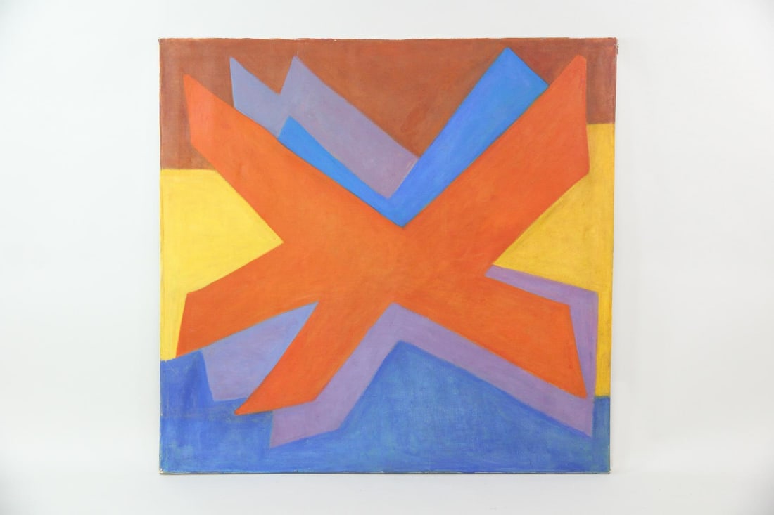 Elizabeth Chater Large Double Sided Abstract Painting: Elizabeth Chater Large Colorful Abstract Painting. Colorful abstract painting on stretched canvas, with another figurative painting on the back. Unsigned, we believe this painting is by the artist Eli