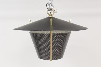 Black & Gold Metal Perforated Hanging Light Fixture, Style of Gerald Thurston
