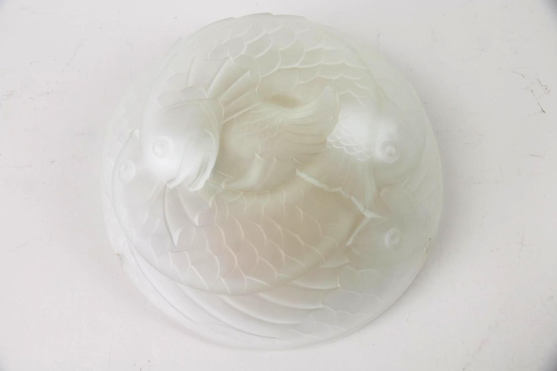 Frosted Glass Lalique "Poisson" Fish Ceiling Light Fixture: Art Deco Frosted Glass "Poisson" Fish Ceiling Light Fixture, Lalique. Ceiling mount light fixture with a frosted glass shade, cast with a fish motif. Dimensions are 5.5 in h x 13.5 in w x 13.5 in d. C