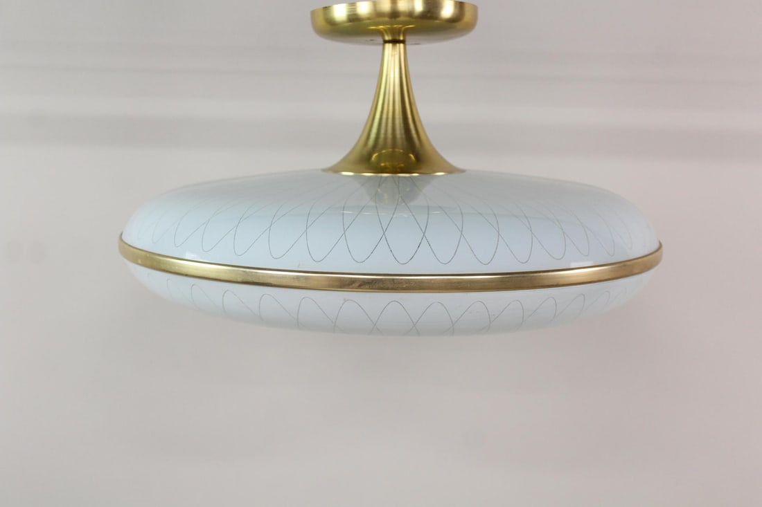 Etched Glass Flush Mount Lamp, Imperialites: Mid-century Modern Etched Glass Flush Mount Lamp, Imperialites. Saucer shaped light fixture with pale blue glass, etched details, and brass ceiling mount. Labeled Imperialites Underwriters Laboratorie