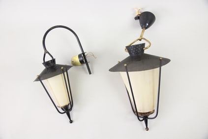 Lot of 2 Black & Brass Perforated Light Fixtures, Manner of Maison Arlus