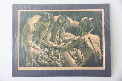 Woodblock Print, 'Sayter' by Kent Kobert, Male Figures & Grapes