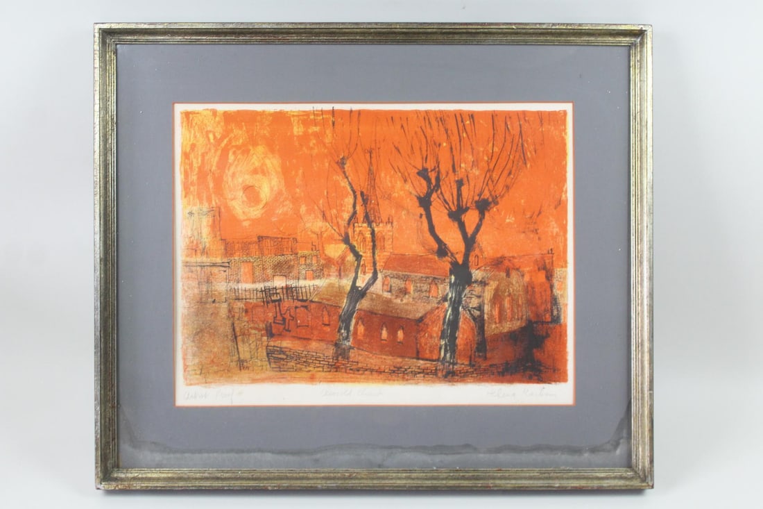Helena Markson Lithograph, Clissold Church Artist Proof: Mid-Century Modern Helena Markson Lithograph, Clissold Church Artist Proof. Dynamic and colorful image in reds and orange, notated Artist Proof, titled Clissold Church and signed lower right by the ar