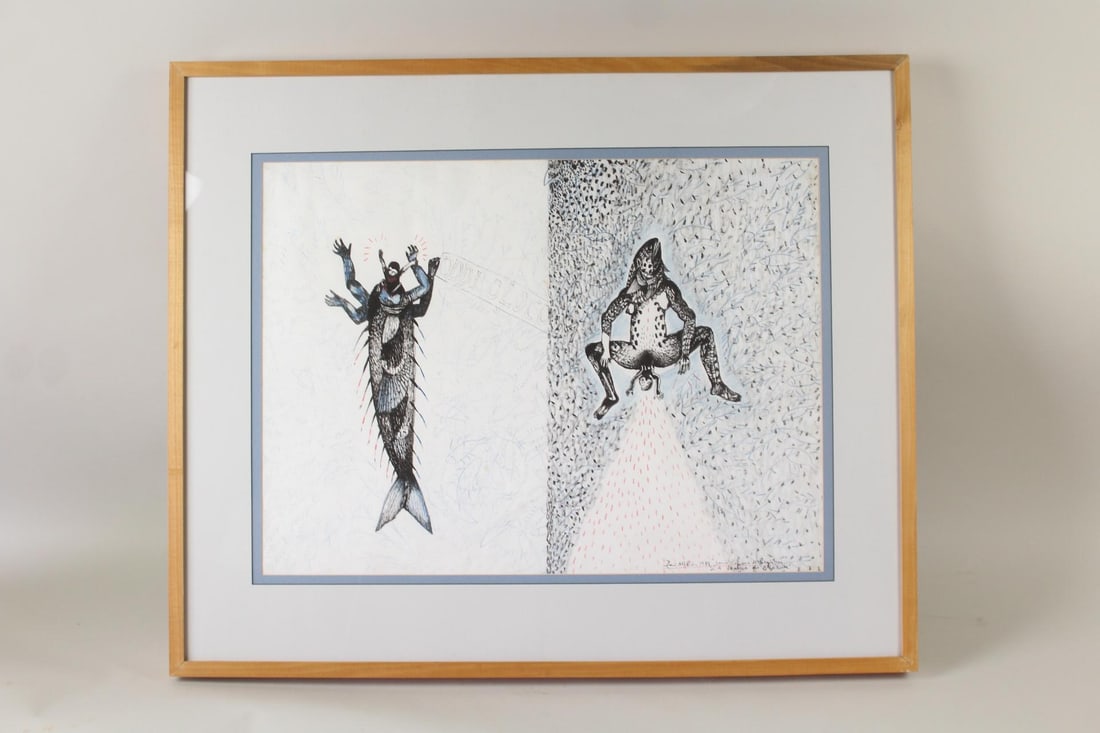 Zaida del Rio Surreal Mixed Media "La Lengua de Olocum": Zaida del Rio Surreal Mixed Media "La Lengua de Olocum". Two side by side imaginative scenes with anthropomorphic human and fish figures. Lithograph with pencil and ink "La Lengua de Olocum" on paper