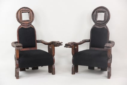 Pair of Carved Wood Tiki Armchairs, Thrones, William Westenhaver for Witco