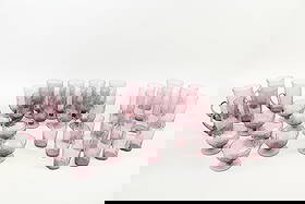 Mid Century Modern Set of 43 Purple Textured Glasses: Large Set of 43 Mid-Century Modern Purple Beverage Glasses Glassware. Group of crinkle textured glasses in a wonderful amethyst or plum purple color, in 5 forms, including footed, footed dessert dishe