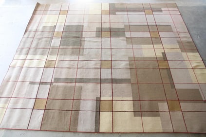 Oversized 14.5' x 17' Geometric Grid Rug, New Zealand Wool
