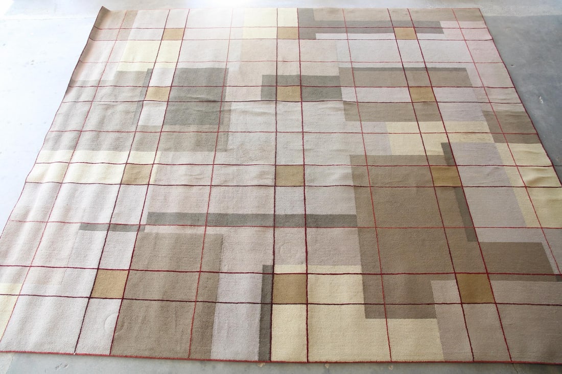 Oversized 14.5' x 17' Geometric Grid Rug, New Zealand Wool: Oversized 14.5' x 17' Geometric Modern Wool Rug. A large, low-profile area rug with a layered composition of earthy brown & green rectangles and red grid lines. Hand tufted with soft New Zealand wool.