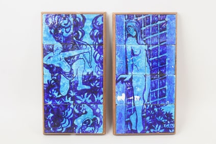 Pair of Modernist Cobalt Blue Tile Pictures, Archer & Nude