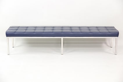 Navy Blue Leather & Chrome Bench, Style of Florence Knoll