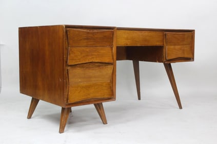 Mid-Century Modern 3-Drawer Sculptural Wooden Desk