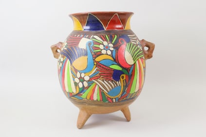 Mexican Talavera Pottery Footed Planter, Peacocks & Flowers