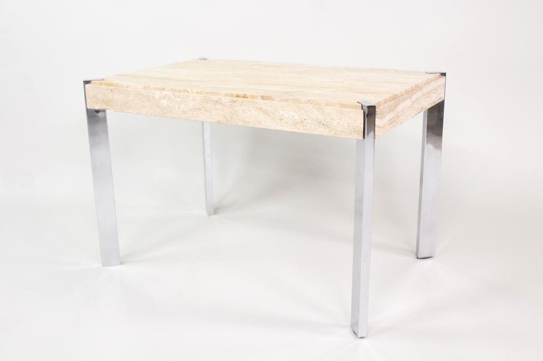 Italian Travertine & Chrome Coffee or Side Table: Mid-Century Modern Italian Travertine & Chrome Coffee Table. Coffee table with travertine top and chrome finish legs, marked Made in Italy on underside. Dimensions are 20.25 in h x 31.25 in w x 21.25