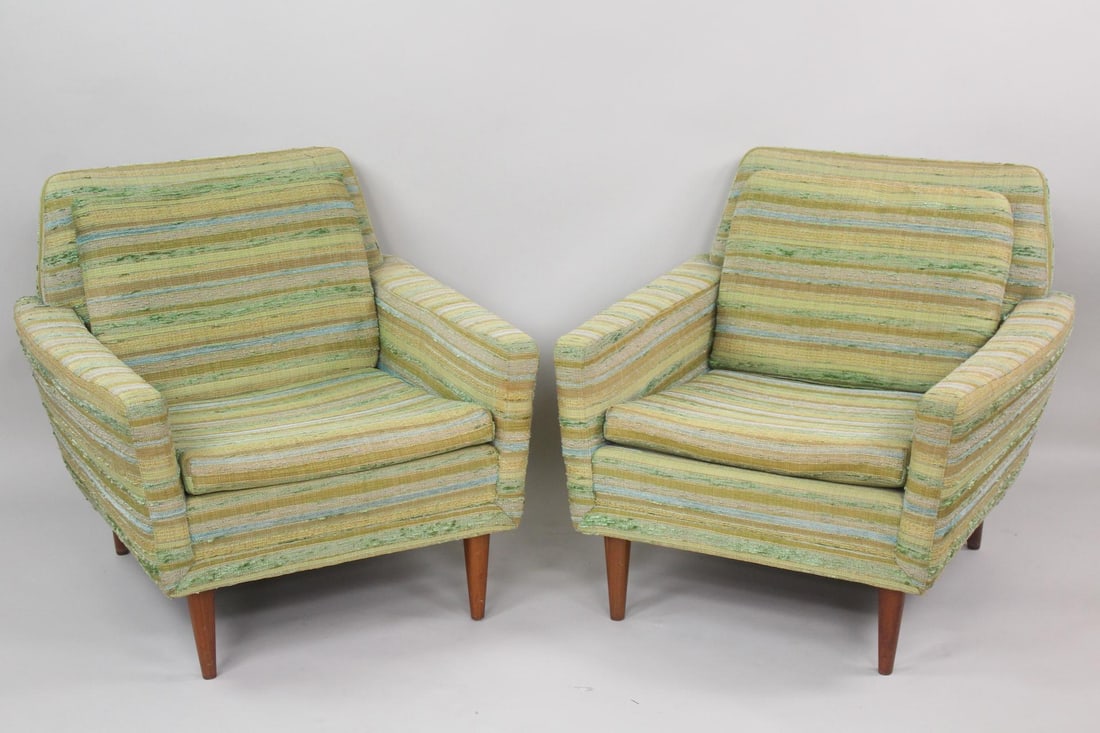 Pair of Scandinavian Modern Upholstered Striped Chairs, Dux: Pair of Scandinavian Mid-Century Modern Upholstered Lounge Chairs. Matching pair of lounge chairs with nubby textured and striped green, yellow and blue upholstery. We believe these to be made by Dux.