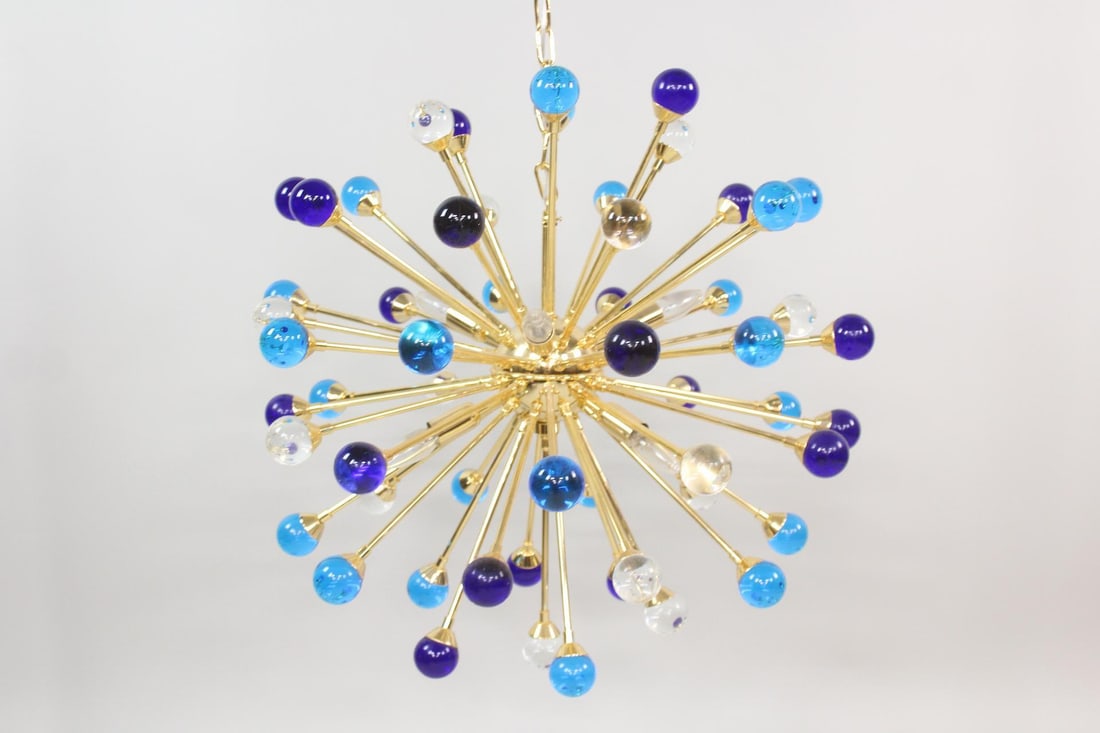Italian Murano Glass Sputnik Blue Multicolor Chandelier, 1 of 2: Italian Murano Glass Sputnik Blue Multicolor Chandelier, 1 of 2. Polished Brass hanging light fixture with multiple lights as well as decorative murano glass balls in ultramarine blue, cobalt blue and
