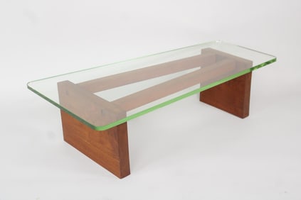 Sculptural Wood & Glass Coffee Table with Chunky Base