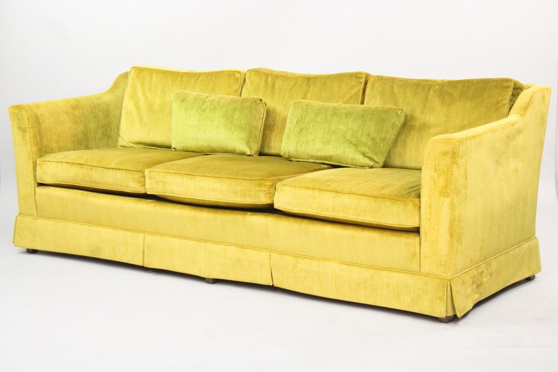 Drexel Heritage Bright Green Velvet 3-Seater Sofa: Drexel Heritage Chartreuse Velvet Sofa. This sofa features a skirted base, three seat & back cushions, and gently rolled arms. It is upholstered in a soft cut velvet with subtle lines. Drexel Heritage