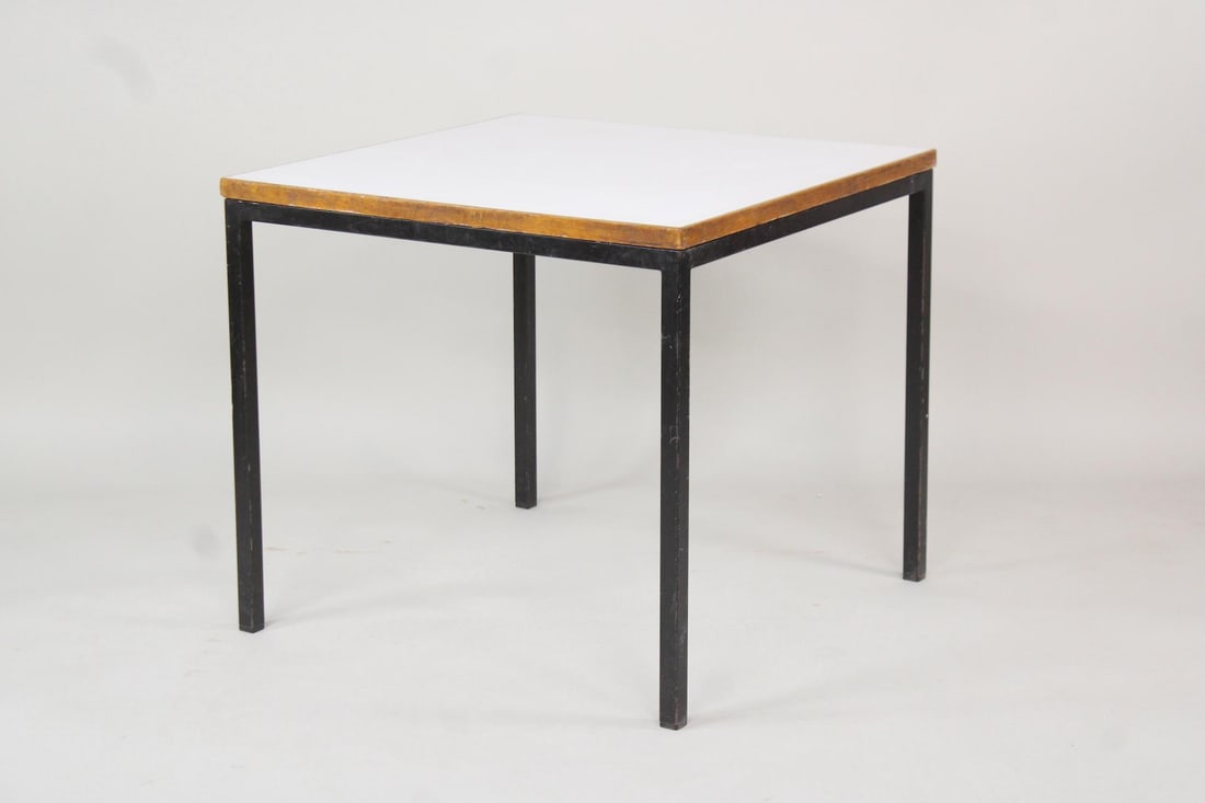 Minimalist Stendig B&W Laminate Kitchen Table: Minimalist Scandinavian Mid-Century Modern Stendig B&W Laminate & Metal Dining Table. Simple square table with black metal frame and white laminate top, framed in wood. With Stendig Finland label atta