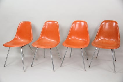 Set of 4 Herman Miller Eames Orange Fiberglass Shell Chairs